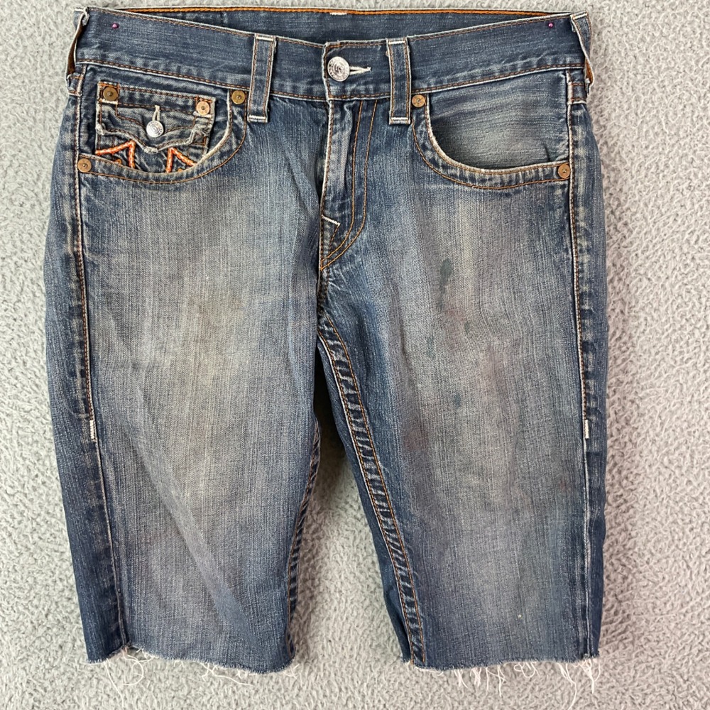 True Religion Straight Denim Shorts‎ Mens 31 Blue Good Cutoff Horseshoe USA Made